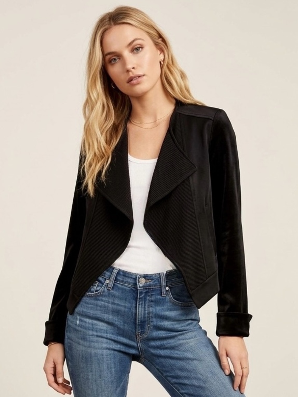 7 For All Mankind Knit Moto Jacket Cropped Ribbed Lapel Stretch Jersey Black S